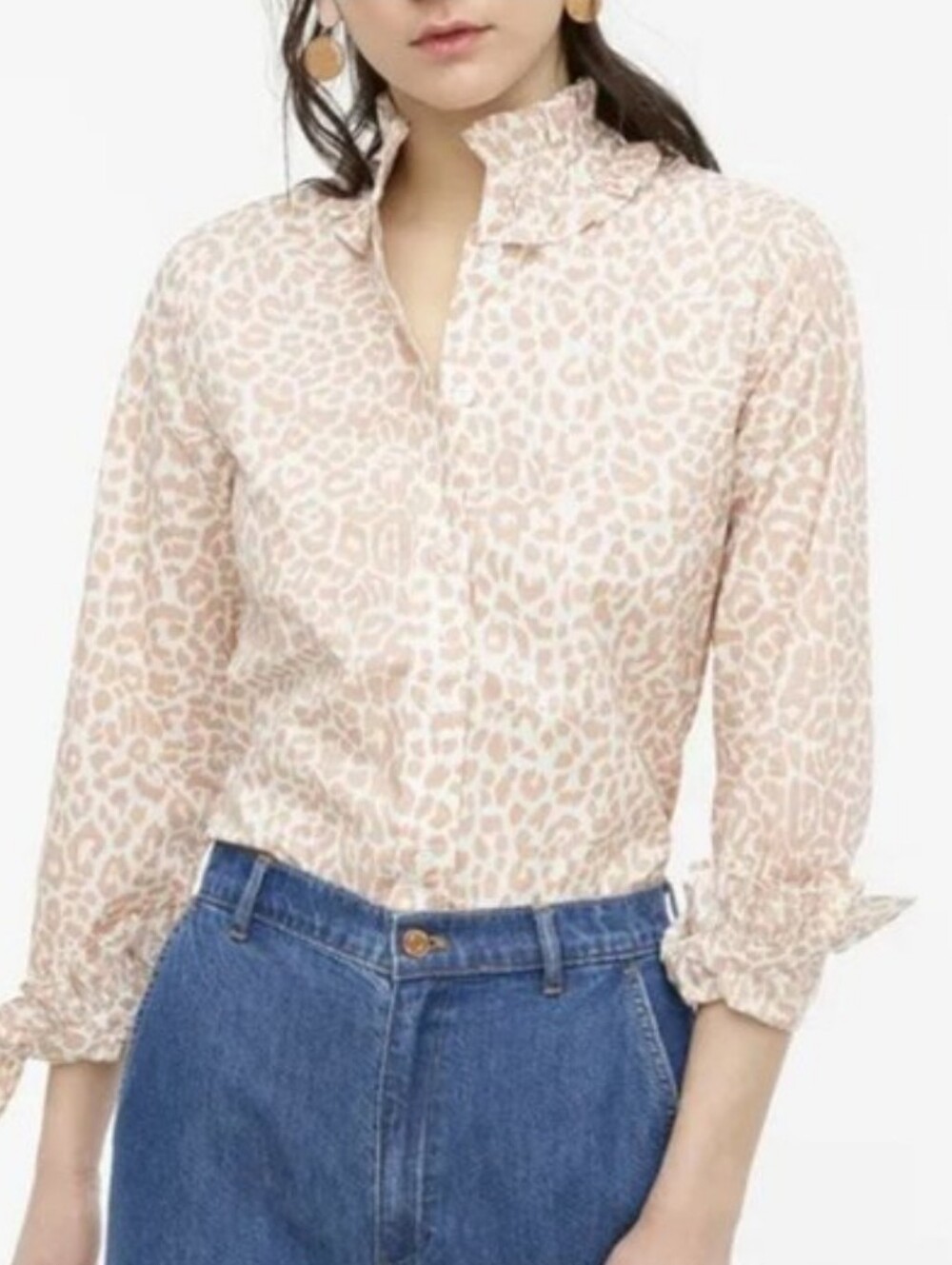 J.Crew Classic Leopard Print Ruffle Neck Button Down Shirt BNWT